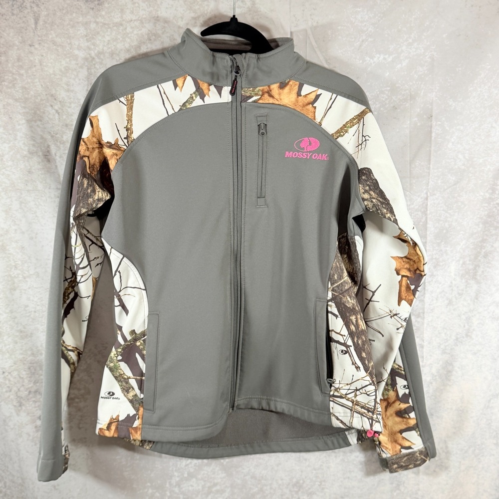 Mossy Oak Jacket Womens Small 4/6 Softshell Full Zip Gray White Camo Pattern
